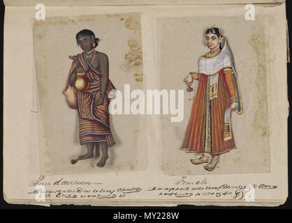 . Eine Seite aus dem Manuskript 70 - zwei Exemplare der Kasten in Indien, die besteht aus 72 full-color handgemalte Bilder von Männern und Frauen der verschiedenen Kasten und Religionen und ethnischen Gruppen in Madura, Indien zu dieser Zeit gefunden. Jede Zeichnung war auf Glimmer, ein transparentes, flockig Mineral, das teilt sich in dünnen, transparenten Platten. Wie auf der Seite Präsentation angegeben, das Album wurde von der Indischen schreiben Master an einer englischen Schule eingerichtet, die von den amerikanischen Missionaren in Madura zusammengestellt, und der Reverend William Twining. Das Manuskript zeigt indianische Kleidung und Schmuck Schmuck in der Stockfoto