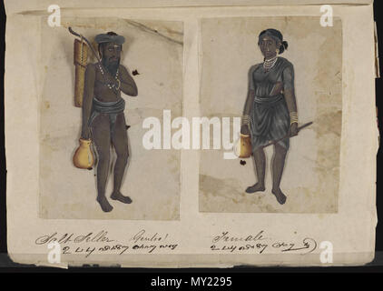 . Eine Seite aus dem Manuskript 70 - zwei Exemplare der Kasten in Indien, die besteht aus 72 full-color handgemalte Bilder von Männern und Frauen der verschiedenen Kasten und Religionen und ethnischen Gruppen in Madura, Indien zu dieser Zeit gefunden. Jede Zeichnung war auf Glimmer, ein transparentes, flockig Mineral, das teilt sich in dünnen, transparenten Platten. Wie auf der Seite Präsentation angegeben, das Album wurde von der Indischen schreiben Master an einer englischen Schule eingerichtet, die von den amerikanischen Missionaren in Madura zusammengestellt, und der Reverend William Twining. Das Manuskript zeigt indianische Kleidung und Schmuck Schmuck in der Stockfoto