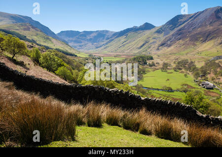 Blick Nant Glyderau Ffrancon Tal in Richtung Berge von Snowdonia National Park (Eryri) im Sommer. Bethesda, Gwynedd, Wales, Großbritannien, Großbritannien Stockfoto