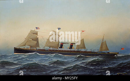 . Englisch: SS Alaska, transatlantische Dampfer Guion Line. Brach auf Atlantic Crossing (Blaues Band) von 1882 und 1883. Gemälde von Antonio Jacobsen. Français: Huile d'Antonio Jacobsen représentant le SS Alaska, paquebot Transatlantique de La Compagnie Maritime britannique Guion Line en 1181. L'Alaska remporte en 1882 et 1883 Le Ruban Bleu récompensant le Record de traversée Transatlantique. 1881. Antonio Jacobsen (1850-1921) 498 SS Alaska (guion Line) - Antonio Jacobsen (1881) Stockfoto