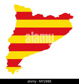 Flagge von Katalonien in Land Silhouette. Senyera, gelben und roten horizontalen Streifen, in der Gliederung der autonomen Gemeinschaft in Spanien. Stockfoto