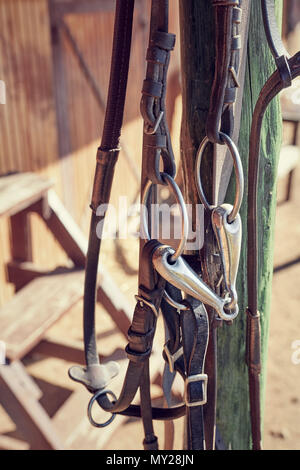 Vintage brown leather horse Bridle hängen von einer hölzernen Pol eines stabil. Nähe zu sehen. Stockfoto