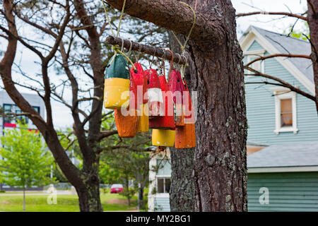 Bunten Fischen Bojen von einem Baum, Lunenburg, Nova Scotia, Kanada hängen Stockfoto