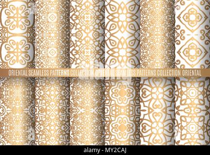 Vektor arabesken Mustern. Nahtlose Hintergründe gedeihen. Golden abstrakte Blume floral Design Elemente. Aufwändig verzierten Linien. Arabisch dekorative orn Stock Vektor