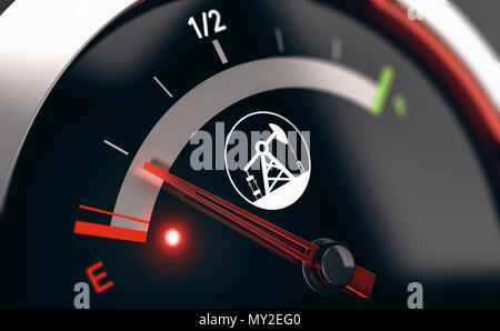 3D-Darstellung eines konzeptionellen Kraftstoffanzeige mit der Nadel nach der Position "Leer" befindet. Konzept der Erschöpfung nicht erneuerbarer Energien. Stockfoto