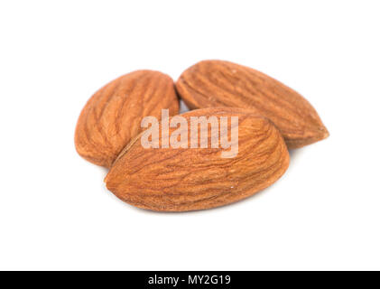 Drei Mandel Muttern auf weißem Hintergrund Stockfoto