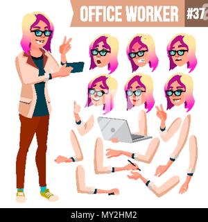 Büroangestellter Vektor. Frau. Professional Officer, Sekretärin. Geschäftsmann weiblich. Lady Gesicht Emotionen, verschiedenen Gesten. Animation erstellen. Isolierte flache Charakter Abbildung Stock Vektor