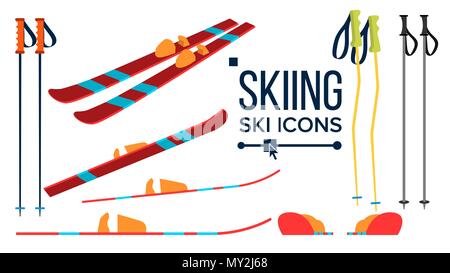 Skifahren Symbole Vektor. Andere Ansicht. Winter Sport Equipment. Ausrüstung. Urlaub in den Bergen, Aktivität, Reisen. Isolierte flache Darstellung Stock Vektor