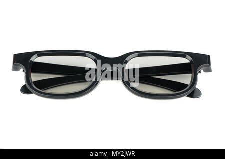Gestapelter Kunststoff 3D-Brille für das Kino auf weißem Hintergrund Stockfoto