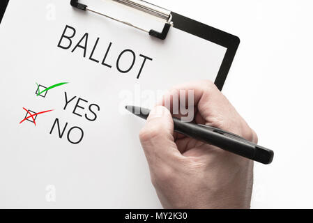 Direkt über der Stimmzettel mit Ja oder Nein auf Zwischenablage vor weißem Hintergrund Stockfoto