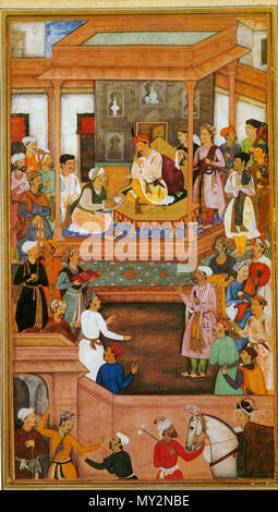 . En: Abu'l-Fazl ibn Mubarak Akbarnama präsentieren die Großmoguls Akbar. Mughal Miniatur. 5. September 2008 (original Upload Datum). Original uploader wurde Евгений Ардаев an Ru. wikipedia 21 AbulFazlPresentingAkbarnama Stockfoto