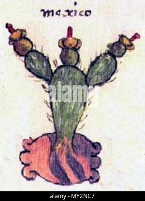 . Detail aus dem Codex Osuna das Symol von Tenochtitlan (Mexiko), eine Opuntia, zeigt. . 1565 117 Codex Osuna Triple Alliance-Detail Stockfoto