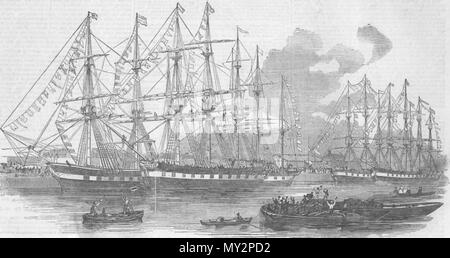 . Deutsch: "Die Canterbury Association Schiffe Bangalore', 'Dominion', 'Duke von Portlant', 'Lady Nugent" und "Canterbury", die in der East India Docks, die "Illustrated London News, 1851 * Quelle: ebay, Okt. 2009. 1851. Illustrated London News 518 Die Canterbury Association Schiffe Bangalore', 'Dominion', 'Duke von Portlant', 'Lady Nugent' und 'Canterbury Stockfoto