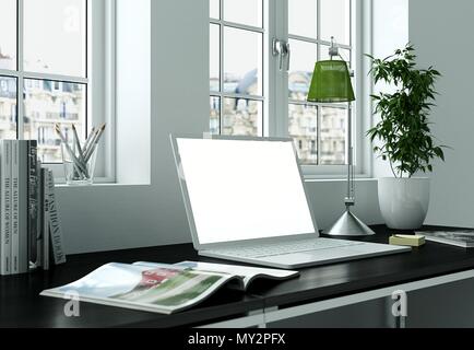 Laptop Mock-up mit weißer Bildschirm steht auf dem Schreibtisch Stockfoto