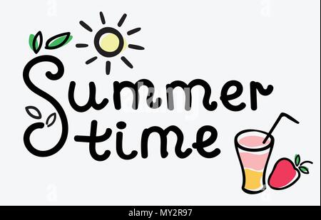 Sommer Inschrift mit Erdbeere, Saft. Schwarze Buchstaben auf weißem Hintergrund. Handschriftlichen Text für Karten, t-shirts, einfache Illustration Stock Vektor