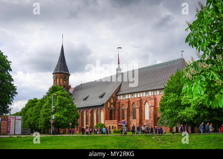 Kaliningrad, Russland - 18. Mai 2016: ein Wahrzeichen der alten Kathedrale unter dem bewölkten Himmel, zwischen den grünen Bäumen. Stockfoto