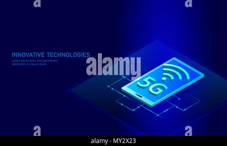 5G Wireless Internet Wifi Verbindung. Smartphone mobile device Isometrische blau 3d-flach. Globales Netzwerk mit hoher Geschwindigkeit innovation Datenrate der Verbindung Technologie Vector Illustration Stock Vektor