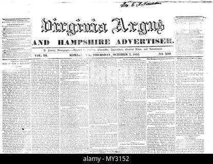 . Englisch: Virginia Argus und Hampshire Inserent Band III Anzahl XIII in Romney, Virginia (jetzt West Virginia am Donnerstag, 7. Oktober 1852 veröffentlicht. Dies ist ein digitales Bild der Vorderseite der Zeitung, Oberhalb der Falte. Wie in der Signatur ganz oben auf der Seite angezeigt wird, das Problem wurde wahrscheinlich durch Charles James Faulkner, Mitglied der United States Abgeordnetenhaus von Virginia's 8th congressional District. Faulkner diente später als der Gesandte der Vereinigten Staaten nach Frankreich, und wieder als Mitglied des Repräsentantenhaus vom 2 Congressi, West Virginia Stockfoto