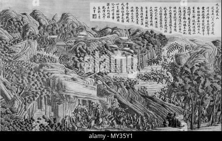 . Englisch: eine Szene der Chinesischen Kampagne gegen die Miao (Hunan) 1795 中文（简体） ‎: 平定苗疆战役之一 - 攻克操木山. späten XVIII Jahrhundert. Eine Zusammenarbeit zwischen Chinesischen und Europäischen Maler. Die Jesuiten bei der Erstellung der Zeichnungen in China beteiligt waren, Giuseppe Castiglione, jean-denis Attiret, Ignace Sichelbart und Jean von Damaskus. Die Gravuren wurden in Paris unter der Leitung von Charles-Nicolas Cochin der Académie Royal am Hof Ludwigs XVI. und die einzelnen Graveuren ausgeführt gehören Le Bas, Aliamet, Prevot, Saint-Aubin, Masquelier, Choffard und Launay. 524 Der siegreichen Schlacht von Ba Stockfoto