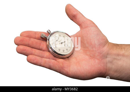 Die alte zuverlässige Stoppuhr liegt auf dem Palm ein Mann. Auf einem weißen Hintergrund. Stockfoto