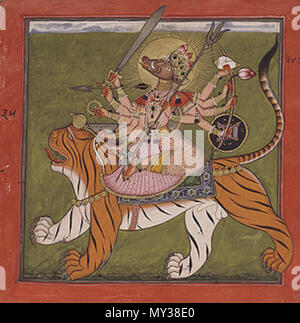 . Englisch: Varahi sitzt auf einem Tiger. Folio 35 von der Tantrischen Devi-Serie. Indien, Punjab Hügel, Basohli, Ca. 1660-70. Opak Aquarell, Gold und Käfer-wing Fällen auf Papier. ca. 1660-70.. Unbekannt 545 Varahi auf Tiger Stockfoto