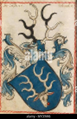 . English: Altüberliefertes Wappen der Herren von lustnau (Ca. 1100-1466) das einen Hirsch mit heraushängender Zunge im blau-weissen Design zeigt, außen herum drapiert der Helm und die Insignien der Ritterwürde. zwischen ca. 1100 und ca. 1466. altüberliefertes Wappen der Herren von lustnau (Ca. 1100-1466) 558 Krawallbrüder Lustnau (Adelsgeschlecht) Stockfoto