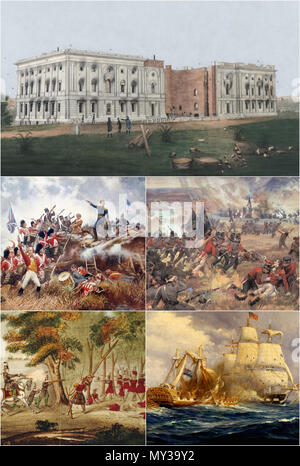 . Montage von Bildern, die für den Krieg von 1812. Im Uhrzeigersinn, von oben: Beschädigung der US Capitol Gebäude nach der Verbrennung von Washington. Die tödlich verwundet Isaac Brock spornt seine Truppen in der Schlacht von Queenston Heights. USS Constitution vs HMS Guerriere. Der Tod von Tecumseh in der Schlacht an der Themse. Andrew Jackson führt die Verteidigung in der Schlacht von New Orleans. . Im Uhrzeigersinn, von oben: 1814, 1896, unbekannt, 1833, 1910. Im Uhrzeigersinn, von oben: George Munger, John David Kelly, Anton Otto Fischer, William Emmons, Edward Percy Moran 558 Krieg von 1812 Montage Stockfoto