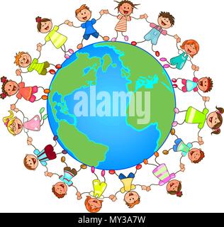 Kinder und der ganzen Welt. Kinder halten einander die Hände. Gruppe von fröhlichen, lachenden Kinder auf der ganzen Welt stehen. Cartoon von fröhlichen Kinder Stock Vektor