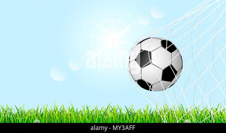 Banner mit Fußball und Rasen. den Ball im Tor net ist. Fußball auf grünem Gras gegen den blauen Himmel. Stock Vektor