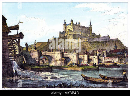 . Main und Festung Marienberg um 1835. Artist: Samuel Prout (im Vordergrund mehrere Schelch Boote). 16. Januar 2008. McLeod 568 Würzburg Mainbruecke und Festung c 1835 Stockfoto