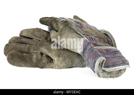 Verwendet Arbeitshandschuhe auf weißem Hintergrund Stockfoto