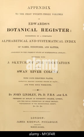 . Dies ist ein Scan des frontispiz der Anlage in die erste Twenty-Three Volumes von Edwards's Botanical Register, die innerhalb es John Lindley ist eine Skizze der Vegetation der Swan River Colony enthalten. 1839. John Lindley 19 eine Skizze der Vegetation der Swan River Colony - Frontispiz Stockfoto