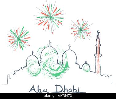 Abu Dhabi Stadtbild und Feuerwerk in den Himmel Vektor-illustration uae Flagge Farben Stock Vektor