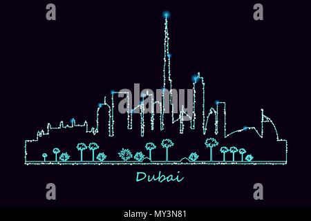 Stadt Dubai Wolkenkratzer und Sehenswürdigkeiten Skyline bei Nacht beleuchtet Vector Illustration. Leuchtende Silhouette. Stock Vektor