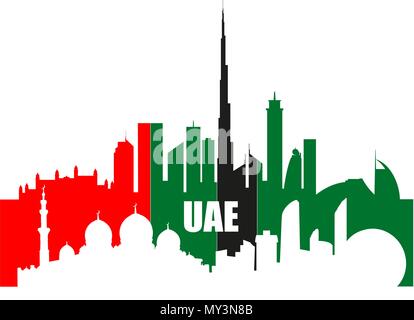 UAE Wahrzeichen und Wolkenkratzer Silhouetten in der nationalen Flagge Farben Vector Illustration. Dubai und Abu-Dhabi Städte Skylines. Stock Vektor