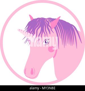 Rosa Einhorn Pferd Kopf mit violett Mähne Vector Illustration. Stock Vektor