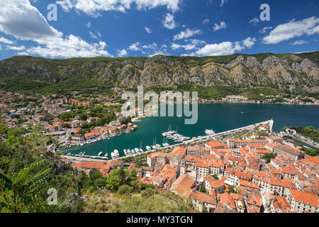 Kotor alte und neue Stadt mit Bucht und Dock. Stockfoto