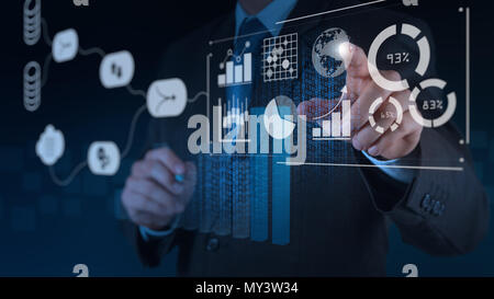 Data Management System (DMS) mit Business Analytics Konzept. Geschäftsmann arbeiten mit bieten Informationen für Key Performance Indicators (KPI) und ma Stockfoto