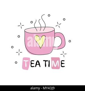 Hand Tasse Tee mit Deko Element gezeichnet. Wie das Drucken auf T-Shirts und Beutel verwendet Stock Vektor