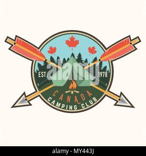 Camping Club. Kanada. Vector Illustration. Konzept für Hemd oder Logo, Print, Stempel, Patch oder T-Stück. Vintage Typografie Design mit Lagerfeuer und Pfeile Silhouette. Stock Vektor