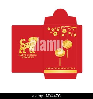 Das chinesische Neujahr roten Umschlag Flachbild-Symbol. Vector Illustration. Rote Paket mit gold Hund und Laternen. Stock Vektor