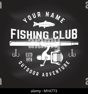 Fishing Club. Vector Illustration. Konzept für Hemd oder Logo, Print, Stempel oder T-Stück. Vintage Typografie Design mit Fisch Stange Silhouette. Stock Vektor