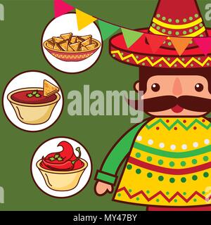 Charakter traditioneller Kleidung mit Nachos Soße mexikanische Nahrung Vector Illustration Stock Vektor