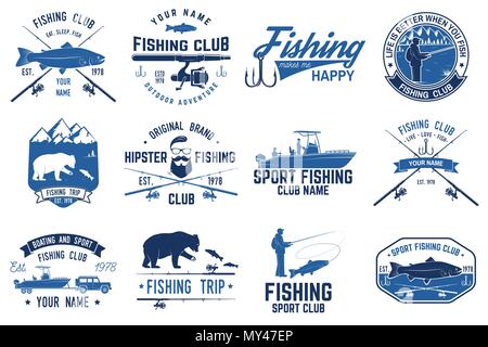 Fishing Club. Vector Illustration. Konzept für Hemd oder Logo, Print, Stempel oder T-Stück. Vintage Typografie Design mit Fisch Stange Silhouette. Stock Vektor