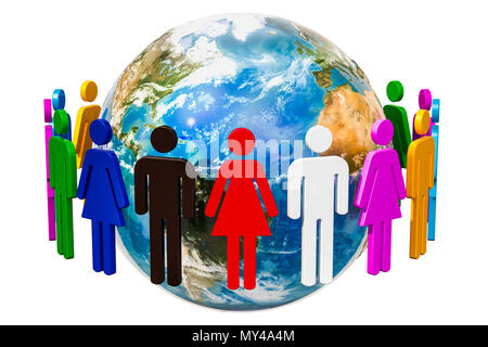 Menschen rund um den Globus, 3D-Rendering auf weißem Hintergrund Stockfoto