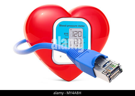 Rotes Herz mit Monitor von Sphygmomanometer und LAN-Kabel, 3D-Rendering auf weißem Hintergrund Stockfoto
