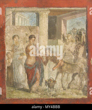 . Italiano: Piritoo, Museo Archeologico Nazionale di Napoli, (Inv. nr. 9044). Da Pompeji, Casa di Gavius Rufus. La Scena mostra Hochzeit di Piritoo ed Ippodamia, alle Quali parteciparono anche i Centauri, ich Quali stanno per entrare nel Palazzo, portando Doni fra i Quali vi è un Bellissimo cestino pieno di Frutta, deposto ein Terra. 19. Juli 2009. 424 Piritoo Olivierw Stockfoto