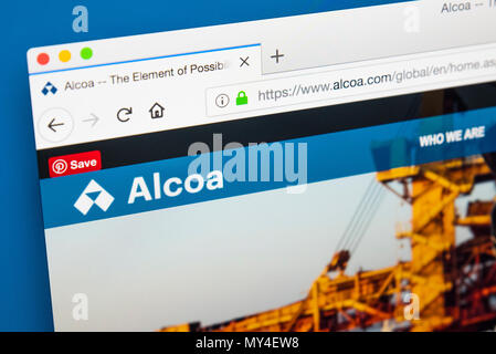 LONDON, UK, 29. Mai 2018: Die Homepage der offiziellen Website für Alcoa - Die American Industrial Corporation, am 29. Mai 2018. Stockfoto