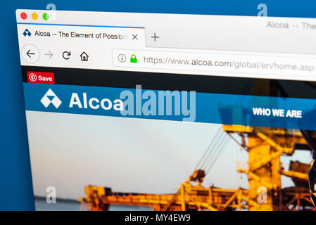 LONDON, UK, 29. Mai 2018: Die Homepage der offiziellen Website für Alcoa - Die American Industrial Corporation, am 29. Mai 2018. Stockfoto