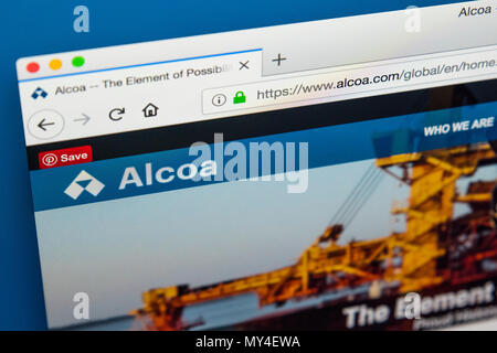 LONDON, UK, 29. Mai 2018: Die Homepage der offiziellen Website für Alcoa - Die American Industrial Corporation, am 29. Mai 2018. Stockfoto
